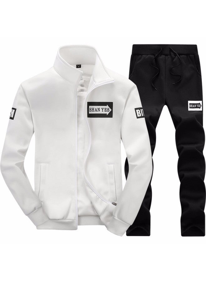 Men's White & Black Polyester Tracksuit – Stand Collar Zip-Up Jacket and Jogger Pants Set for Casual & Athletic Wear - Image 1